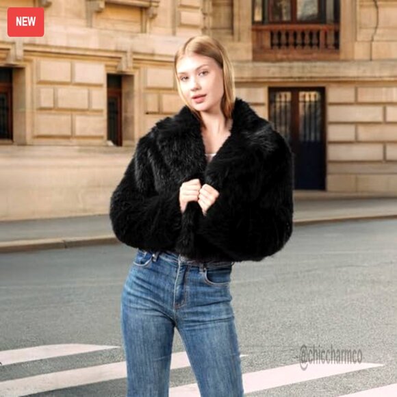 Cropped Faux Fur Jacket Fluffy Fuzzy Winter Coat Y2K Chic Plus Size Outerwear - Picture 3 of 6